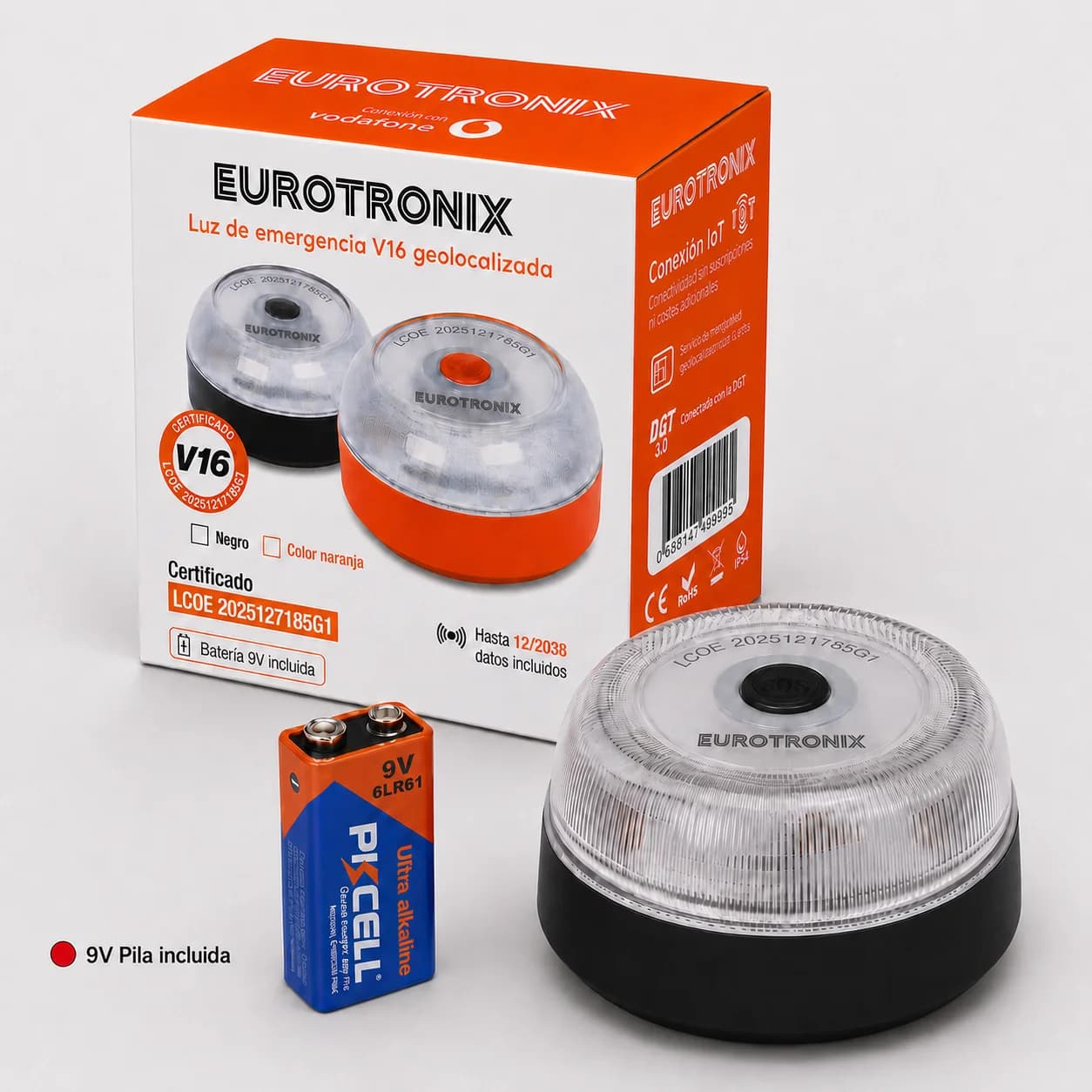 EUROTRONIX - Luz de emergencia V16 IoT homologada DGT 3.0 con geolocalización, baliza LED 360°, base magnética e IP54 envio desde españa