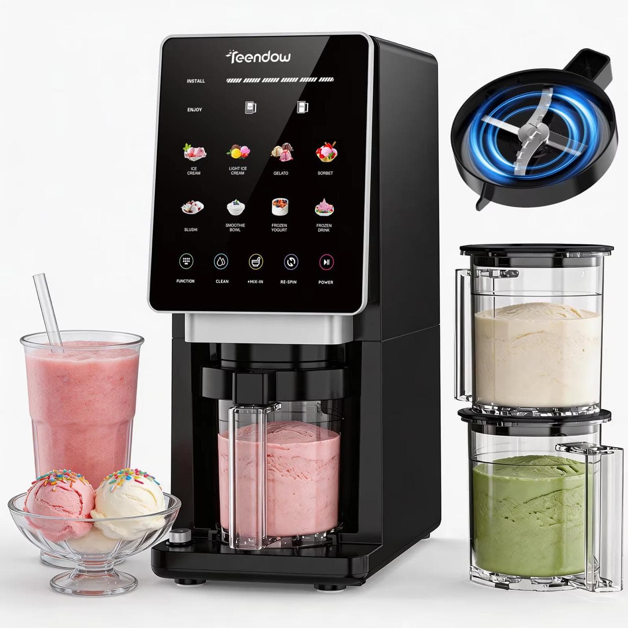 Máquina para Hacer Helados Teendow KF-2501U1 con 8 Programas Preestablecidos, Función de Autolimpieza, Funciones de Mezcla y Remolino