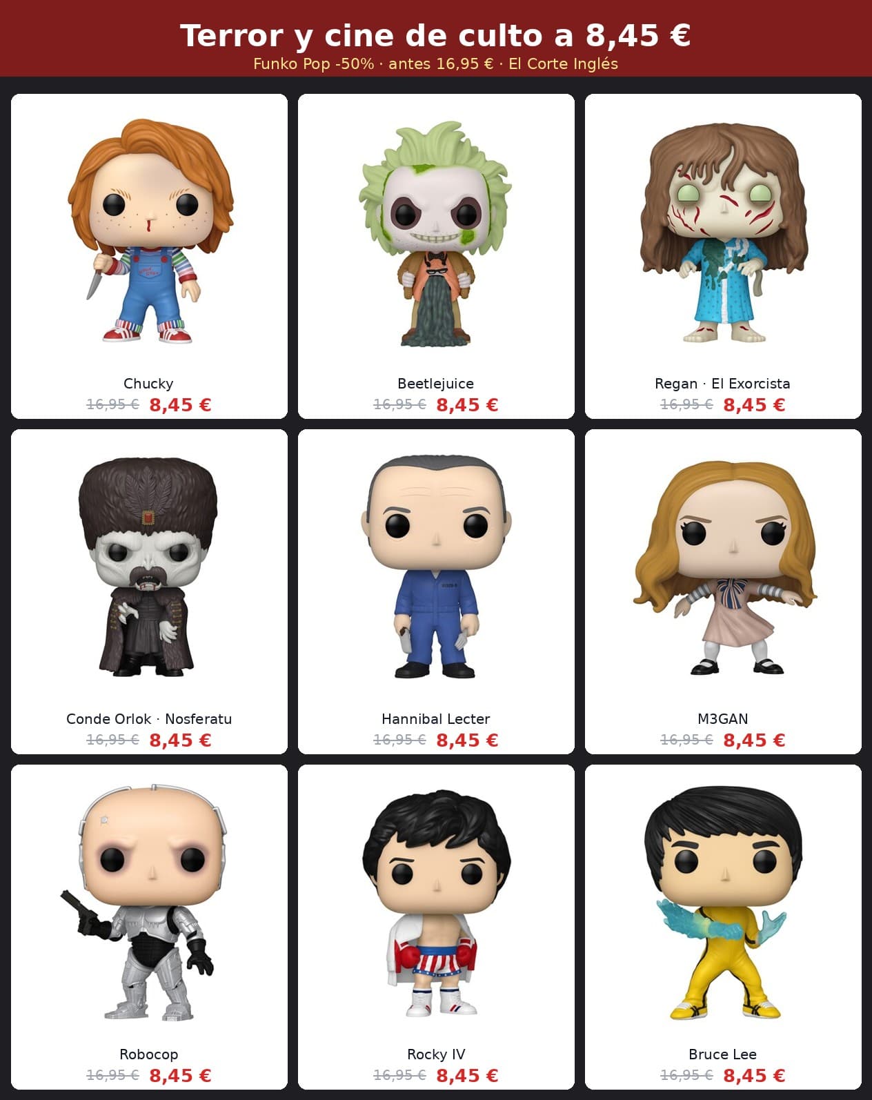 Funko Pop de terror y cine de culto a 8,45 € en El Corte Inglés (antes 16,95 €) – Chucky, Beetlejuice, Nosferatu, Robocop, Rocky y más