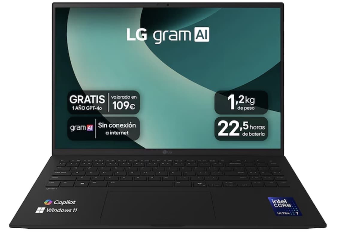 Portátil LG gram 16Z90T 16" (Intel Core Ultra 7 255H, 32GB RAM, 2TB SSD, WQXGA IPS, ultraligero 1.19kg, negro) + 1 año chat gpt incluido