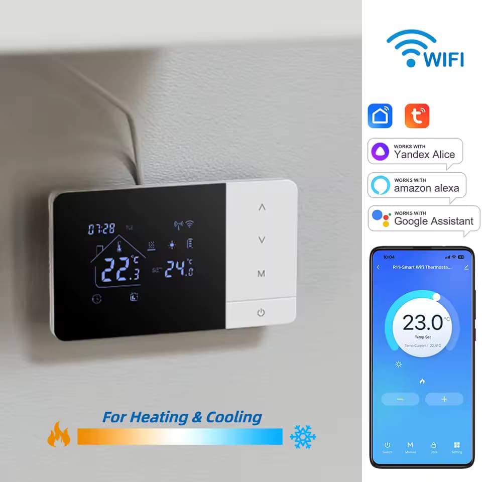 Termostato Inteligente WiFi Tuya para Calefacción/Refrigeración de Calderas de Gas, Alimentado por Batería/USB, Alexa y google home