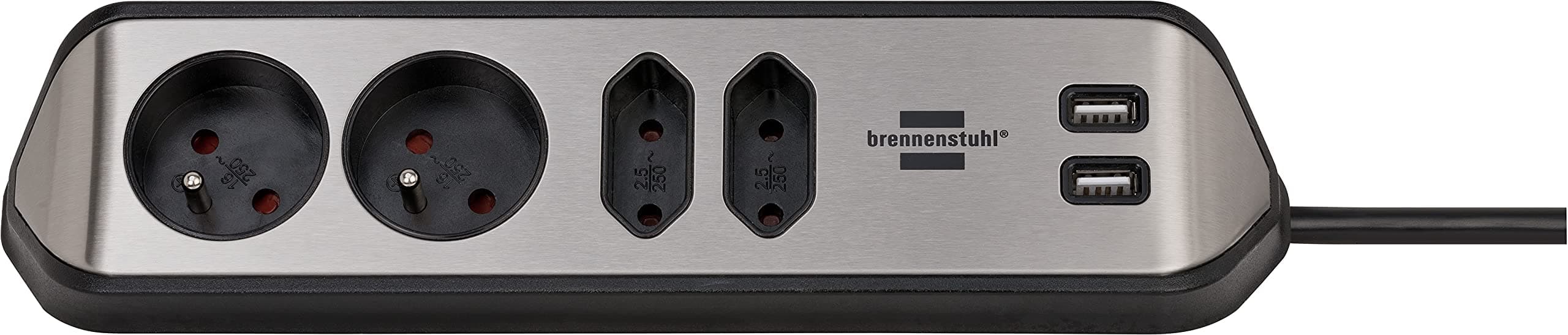 Brennenstuhl Estilo - Regleta con 4 enchufes (Base de acero inoxidable para cocina y oficina, con función de carga USB)