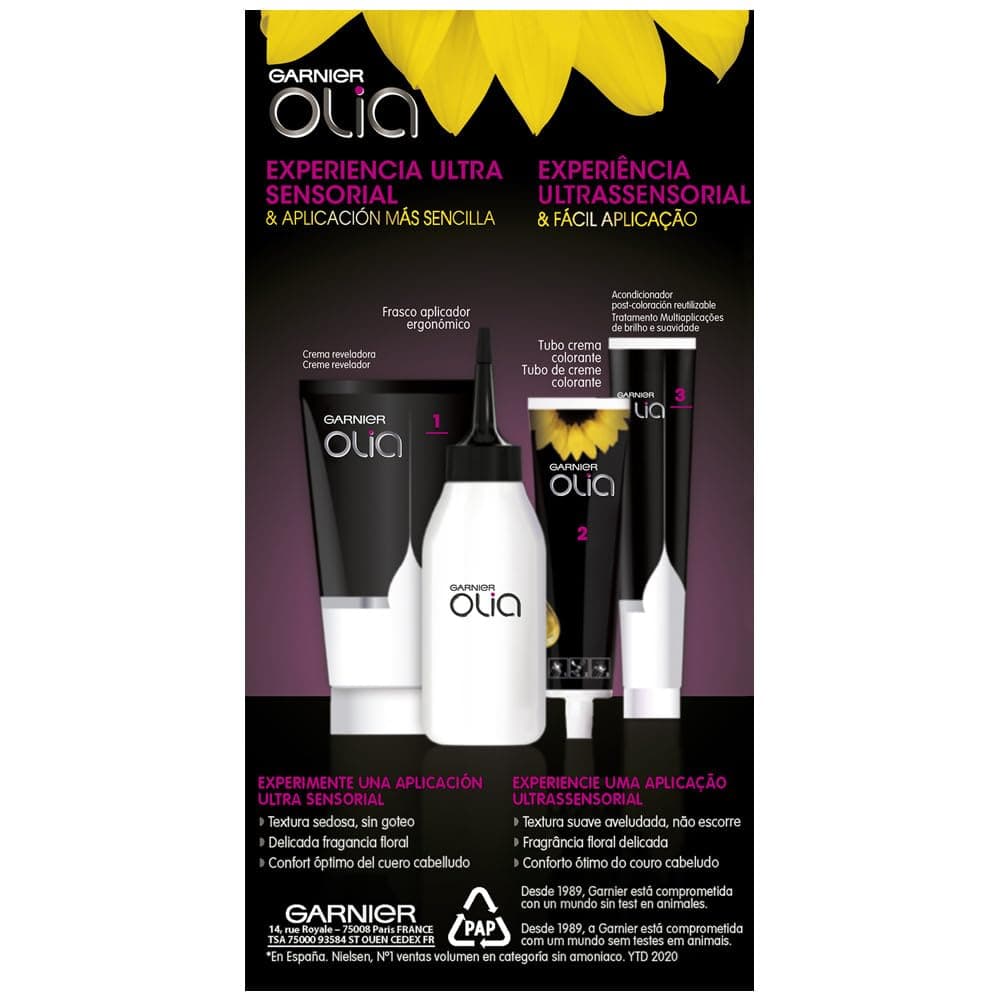 Coloración permanente Garnier Olia sin amoníaco, con aceites florales de origen natural – Tono 1.0 Negro intenso