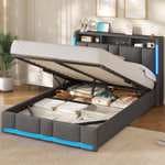 Estructura Cama Cabecero Tapizado con Canapé con Almacenamiento Hidráulico con Estación de Carga e Iluminación LED- Varias medidas