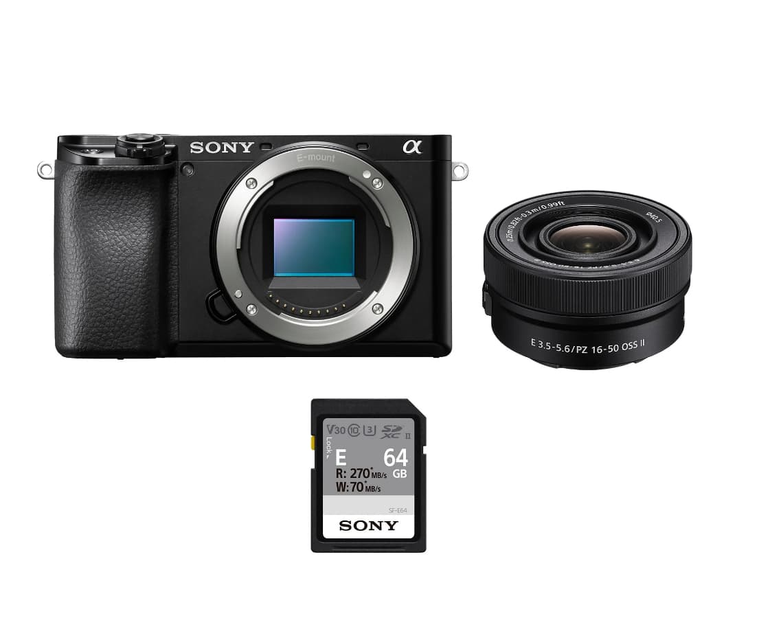 Cámara EVIL - Sony Kit Alpha 6100 (ILCE6100L) + Objetivo SELP16502 + Tarjeta SD 64GB, 24.2MP, Wi-Fi