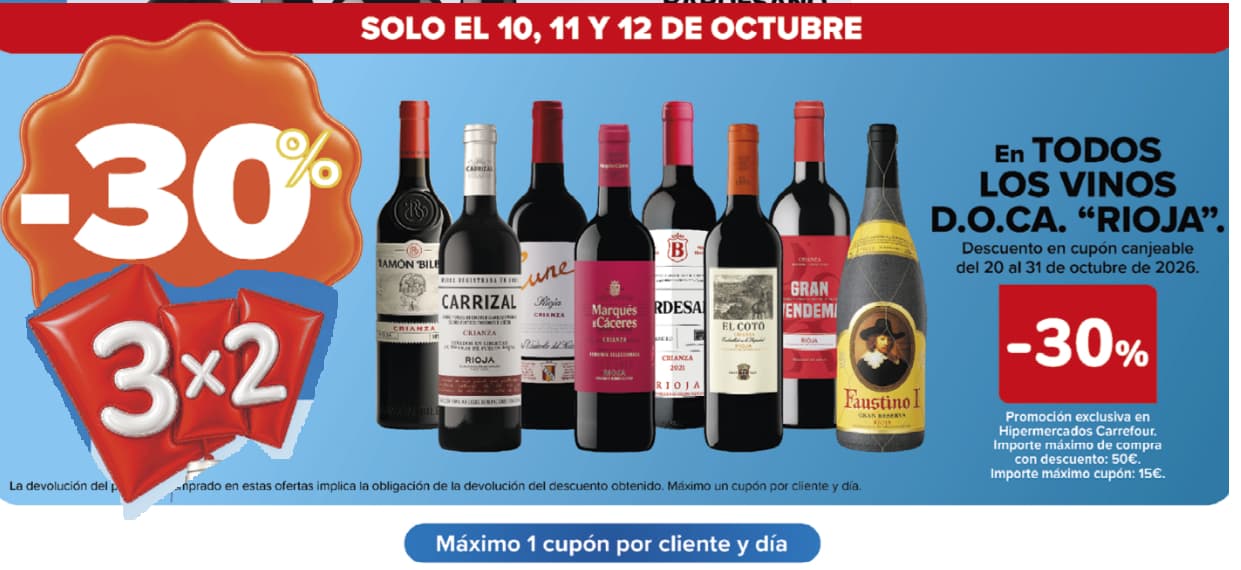 Vinos D.O.Ca Rioja. 3x2 + 30% reembolso en cupón