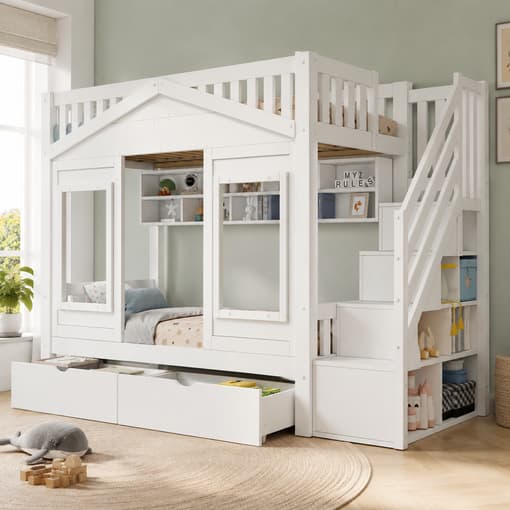¡Cama Litera de Madera Maciza Blanca (90x200 cm) con escalera de almacenamiento y anticaída por solo 536,99 € (-62% de descuento)!