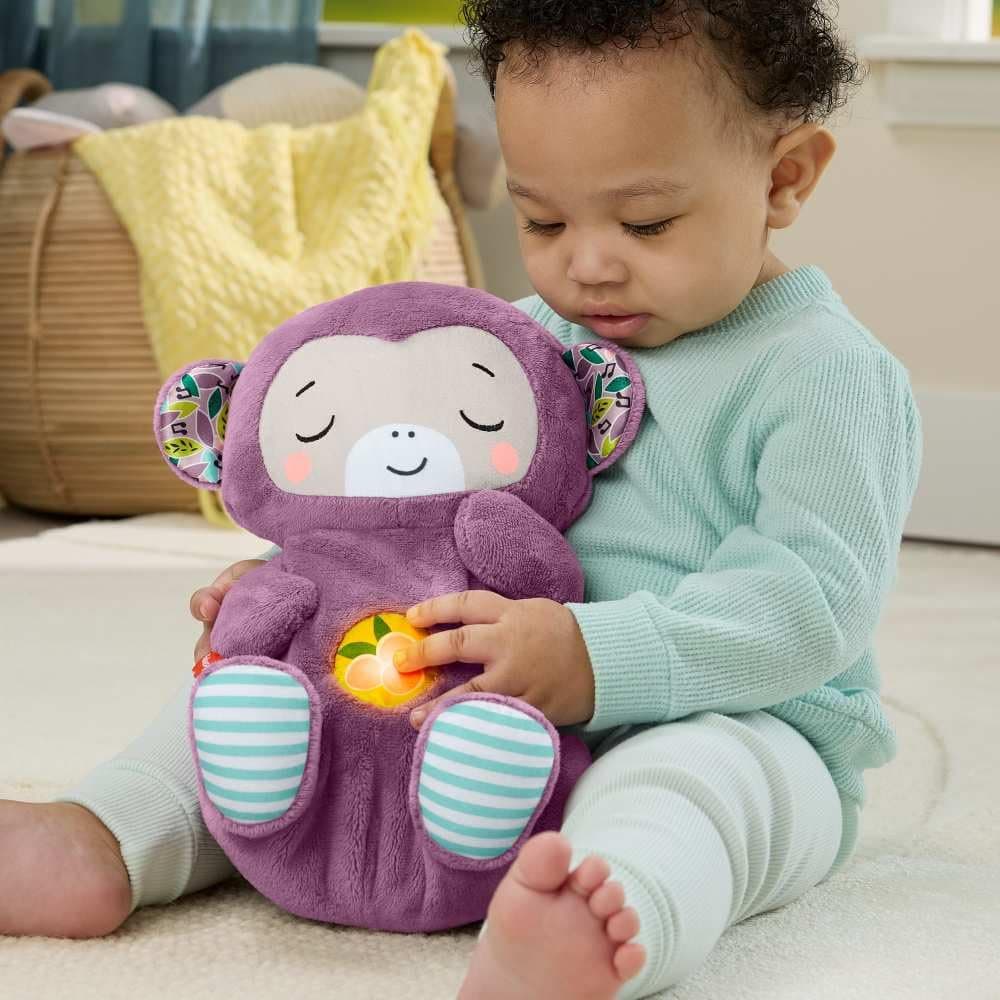 Fisher-Price Peluche Monito Morado para bebé Peluche musical, sonido portátil, respiración, luces, calma, 0+ meses