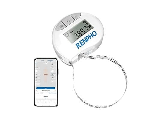 Cinta métrica corporal inteligente - Renpho Smart Tape Measure, 13 medidas preestablecidas, Gancho retráctil de bloqueo, Blanco