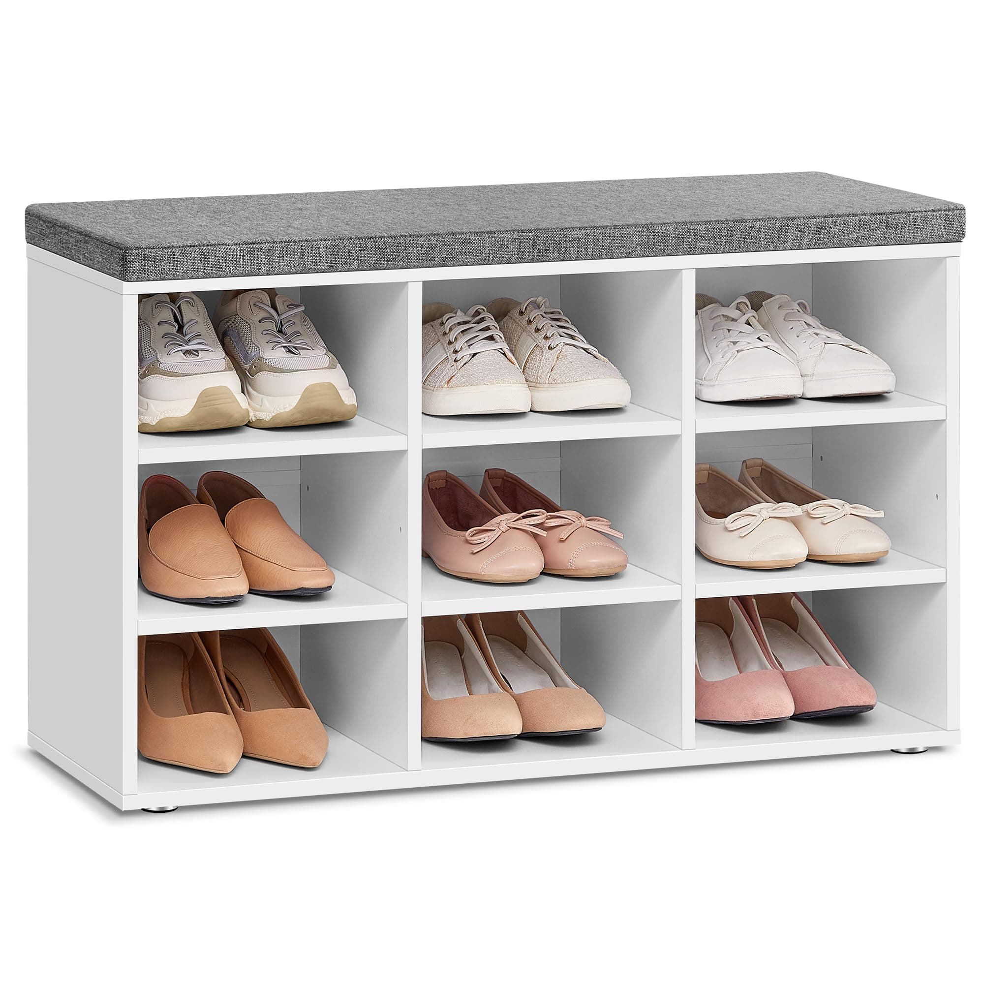 VASAGLE Banco Zapatero, Asiento Acolchado, 9 Compartimentos Organizador, Estantes Ajustables, Compacto