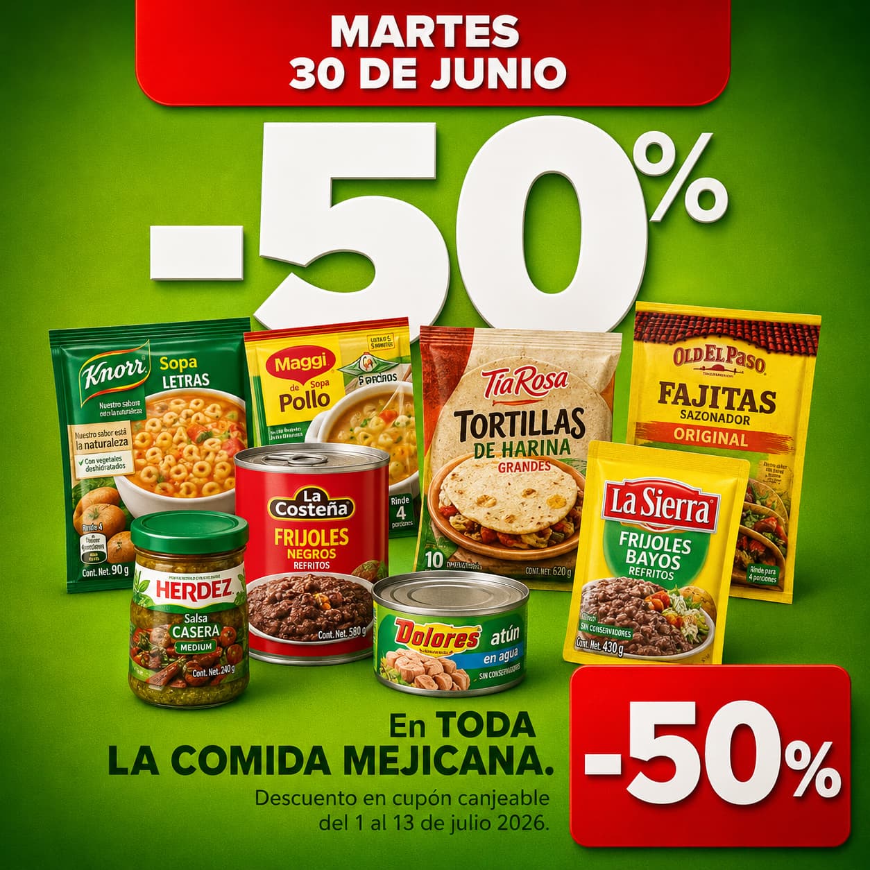50% en toda la Comida Mexicana (3x2)