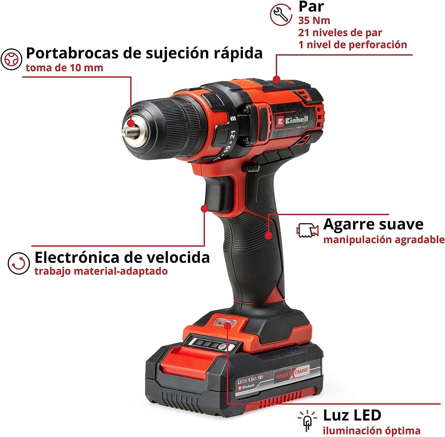 Taladro atornillador con batería litio Einhell TC-CD 18/35 (1 x 1,5 Ah) PXC,18V,35 Nm,21+1 niveles de par,Luz LED,Batería 1,5 Ah+cargador