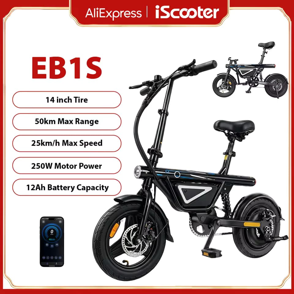 Bicicleta Eléctrica EB1S de 14 Pulgadas, Motor de 250W, Batería de 12Ah, Alcance de 30-50km, 3 Velocidades,Máxima de 25km/h,Suspensión Media
