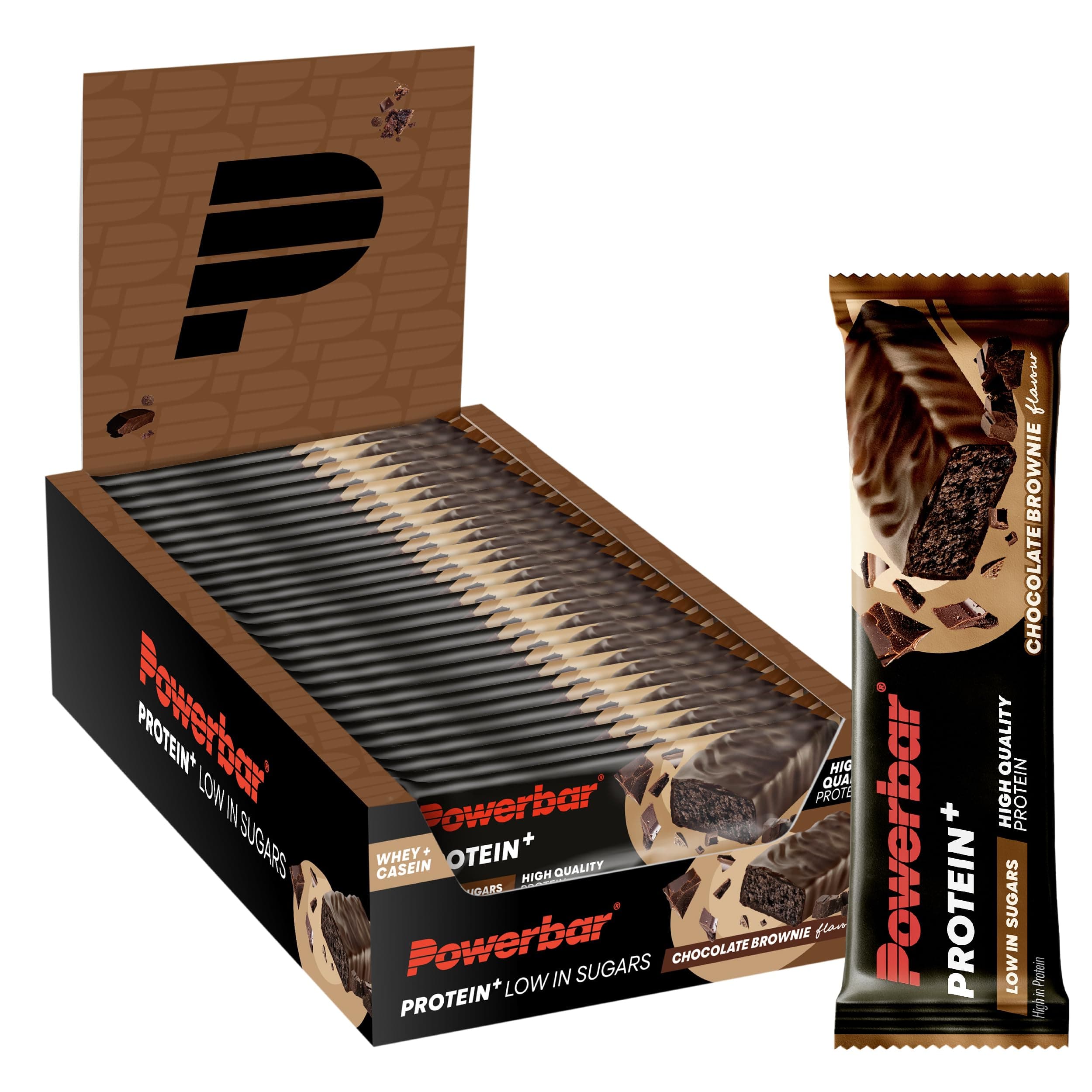 Powerbar - Protein Plus - Low Sugar - Chocolate-Brownie - 30x35g - Barrita con solo 107 Kcal - Barrita fitness con fibra