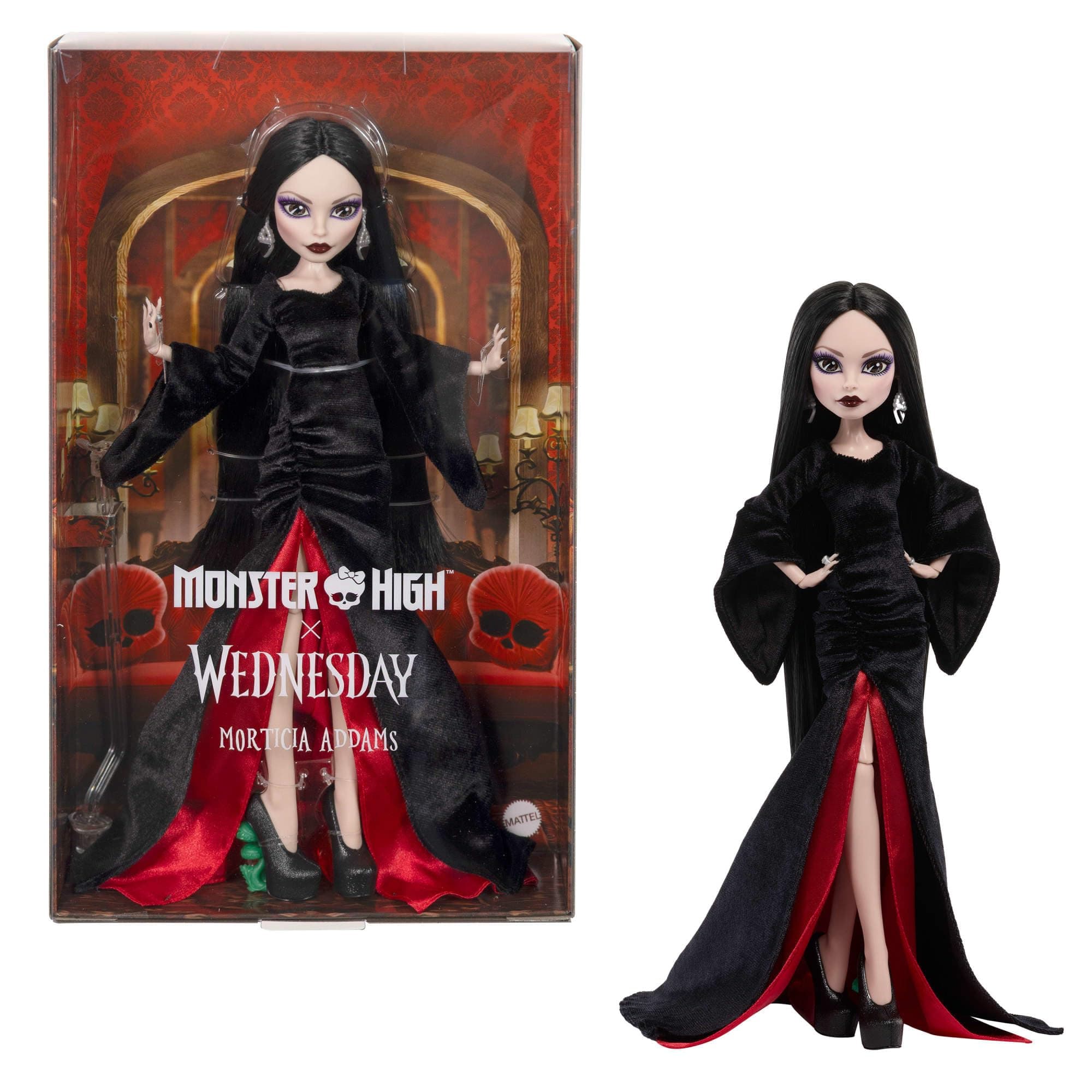 Monster High x Wednesday Muñeca Morticia Addams Muñeca de colección con vestido de terciopelo negro y rojo, joyas y soporte