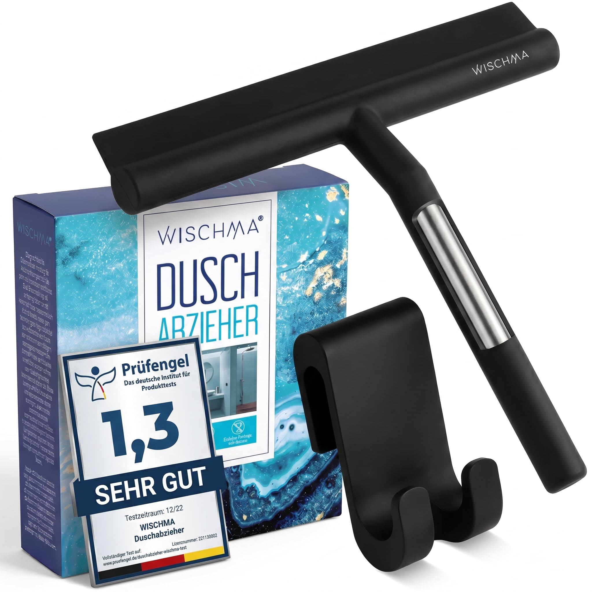 Limpiacristales de Ducha de Silicona, Negro – con Soporte sin Taladro, Núcleo de Acero Inoxidable, para Vidrio, Espejos y Azulejos