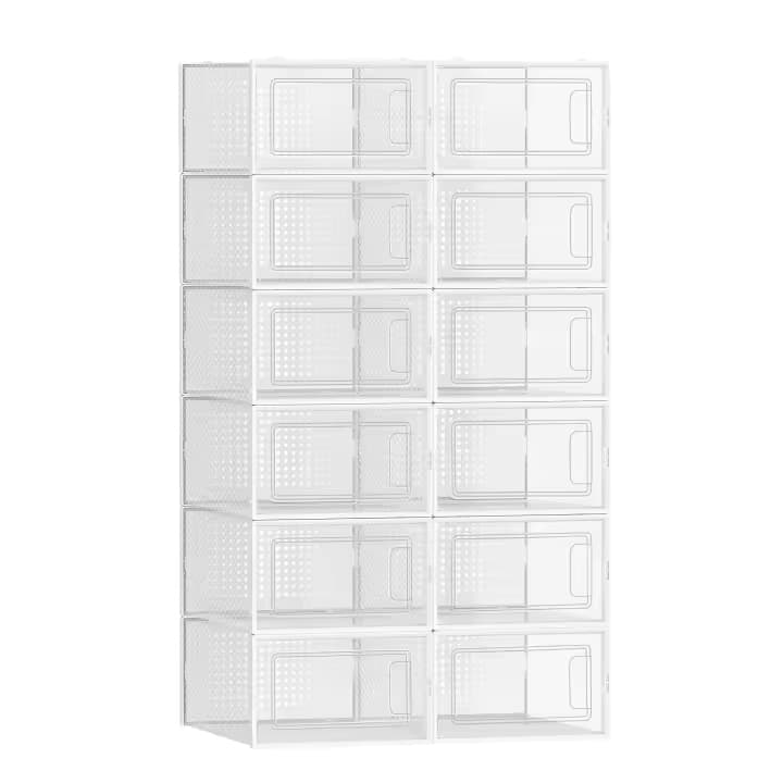 SONGMICS Cajas de Zapatos Plástico, Juego de 12 Organizadores de Almacenamiento, Caja Zapatero Plástico Plegable y Apilable