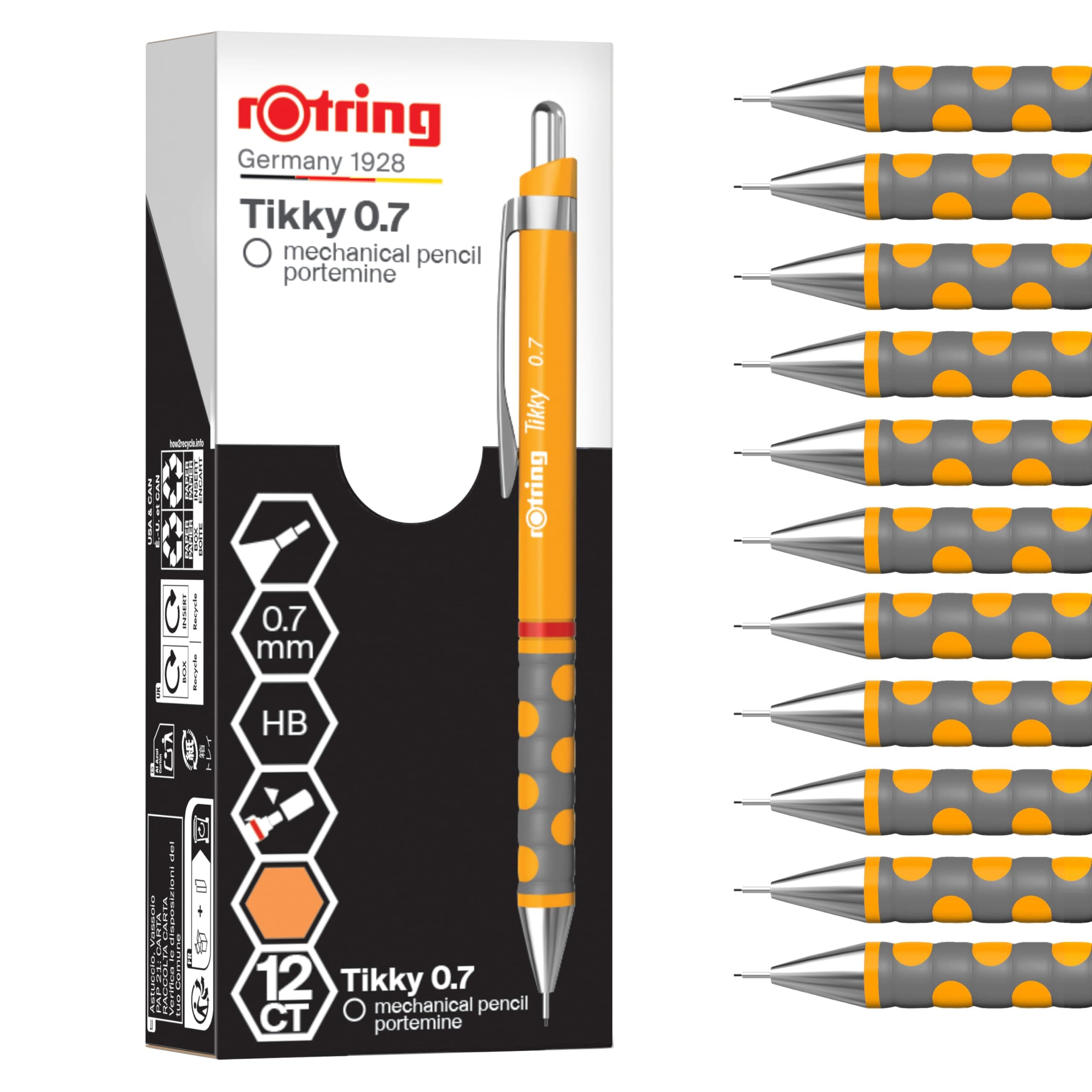 Caja de 12 Portaminas rOtring Tikky | HB 0,7 mm | Cuerpo caléndula | Ligero con agarre de goma