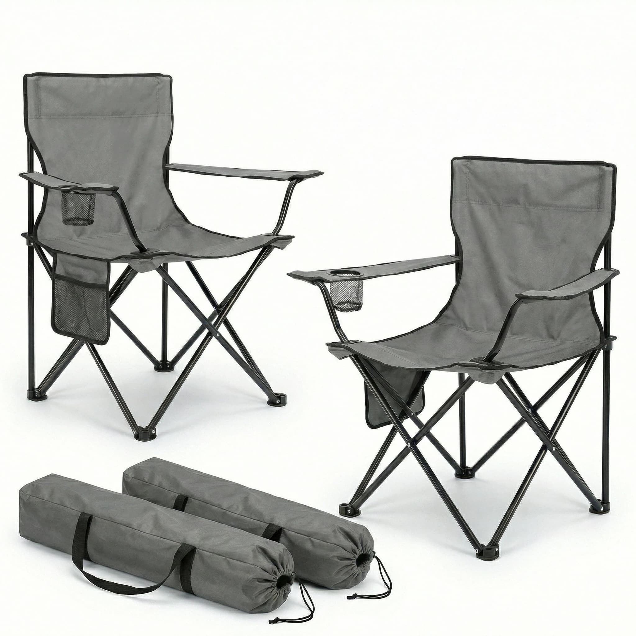 Pack de 2 Sillas en gris Plegables de Camping con Respaldo y Reposabrazos, Incluye Portavasos y Bolsa Lateral