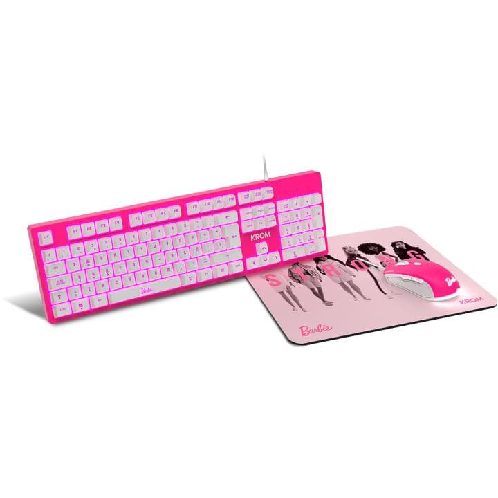 KROM Kit teclado, ratón y alfombrilla edición Barbie KANDY - Teclado membrana, Ratón 6400 DPI, Alfombrilla de goma, rosa