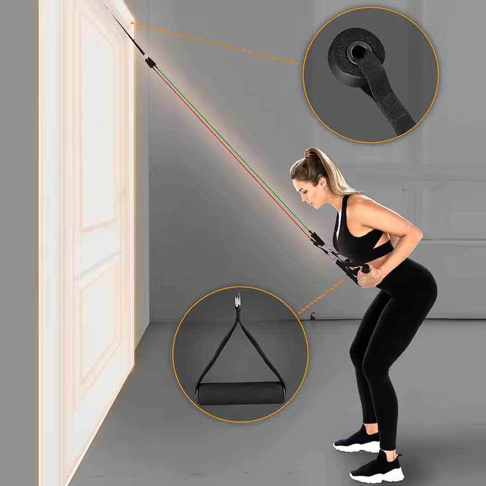 Set de 12 Bandas Elásticas para musculación, pilates, yoga, rehabilitación. Incluye accesorios y bolsa de transporte