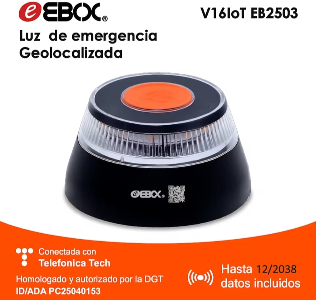 Baliza V16-EBOX Conectada DGT 3.0 Luz Emergencia Homologada Geolocalización Datos y SIM Incluidos Sin Coste hasta 2038