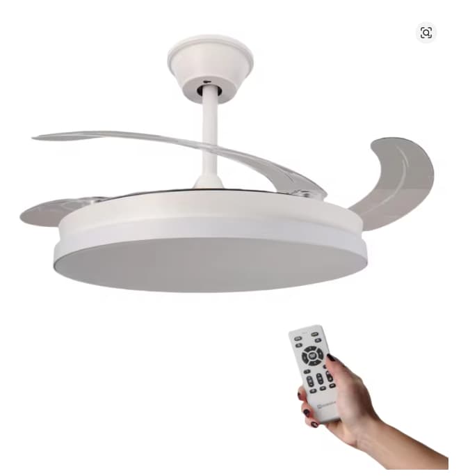 Mimotec Ventilador de Techo LED-COLOR Blanco&Cristal Motor DC 106cm con Aspas Retráctiles Luz LED 30W