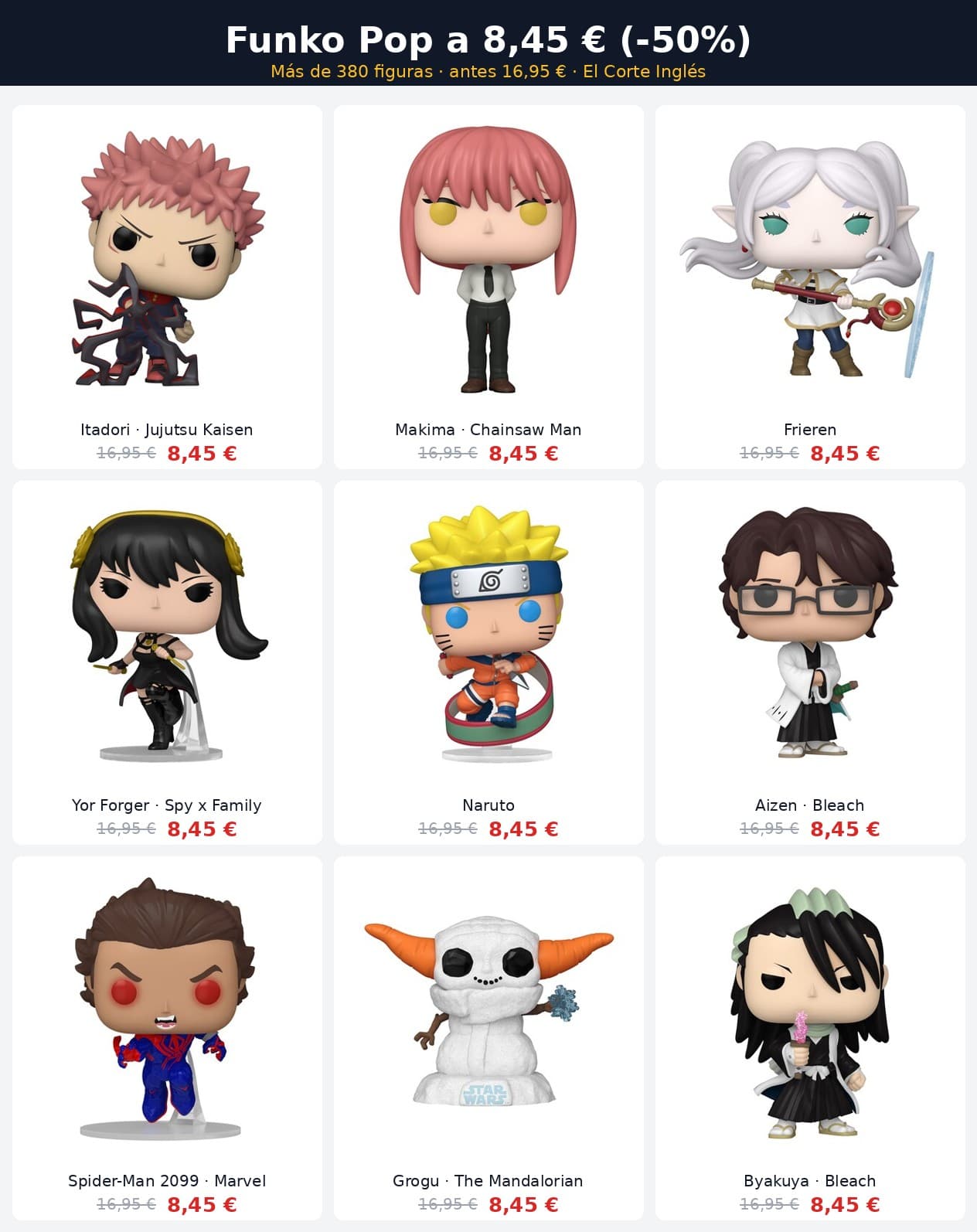 Funko Pop a 8,45 € en El Corte Inglés (antes 16,95 €) – Más de 380 figuras al 50%: anime, Marvel, Star Wars, DC y más